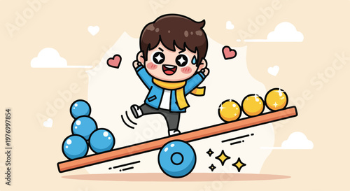 Cute cartoon girl balancing colorful balls on a seesaw with a joyful expression and playful mood
