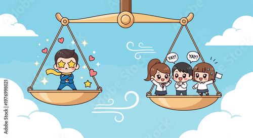 Cartoon illustration of a man with hearts on one side of a scale and three people on the other