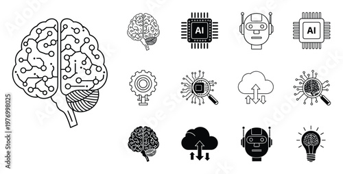 Modern technological intelligence symbols and digital innovation icons for machine learning, computing, and robotic applications representing advanced concepts.