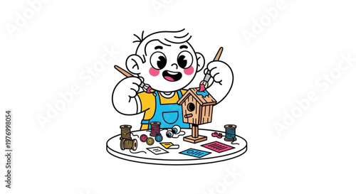 Happy child building a birdhouse creative hobby and craft activity illustration for childhood education and DIY projects isolated on white