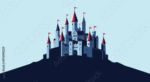Medieval fantasy castle vector illustration, majestic fairytale fortress with red flags on a hill, blue kingdom palace silhouette for storytelling