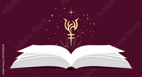Mystical open book with glowing magic symbol, ancient spellbook with gold celestial stars, fantasy grimoire vector on dark purple background