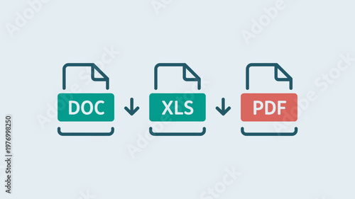 A simple diagram showing the conversion of document file formats from DOC to XLS to PDF