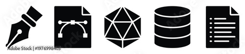 Modern set of silhouette icons featuring a pen, vector path, twentysided die, database, and checklist document for use in digital interfaces, software development, and informational