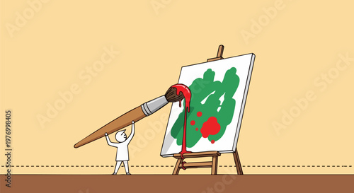 Minimalist cartoon artist character holding giant paintbrush, creative painter working on canvas easel, abstract art concept vector illustration