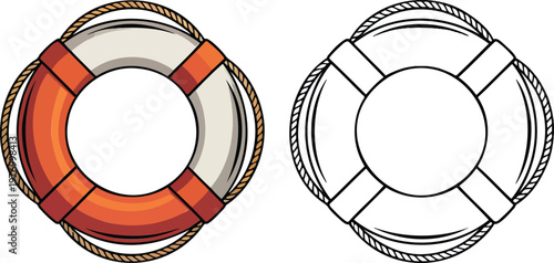 Lifebuoy illustration & outline set isolated on transparent background