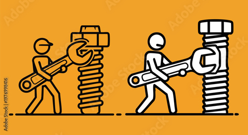Industrial maintenance vector illustration, stick figure workers using large wrenches on bolts, mechanical repair and engineering concept icons