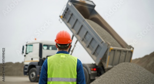 Male site supervisor in safety vest watching dump truck unload gravel at construction site