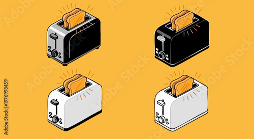 Isometric toaster vector set with toasted bread, kitchen appliance collection in black and white styles, breakfast cooking equipment icons