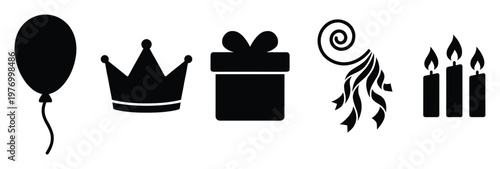 Black silhouette icons of a party balloon, regal crown, present, festive streamers, and lit candles, perfect for celebration graphic design and event invitations.