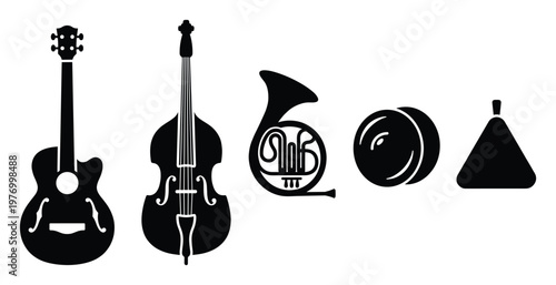 Stylized monochrome musical instrument silhouettes featuring an acoustic guitar, upright bass, French horn, tambourine, and triangle, ideal for educational content, event posters, or studio