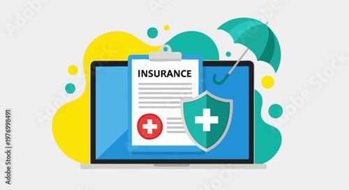 Online health insurance concept with medical clipboard on laptop screen. Digital healthcare policy vector with umbrella and shield icons. Medical protection services.