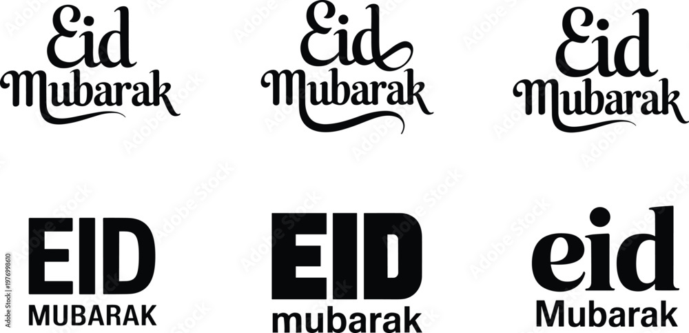 Obraz premium Eid Mubarak typography logo set with elegant script lettering and bold modern Islamic festive branding design for Ramadan celebration
