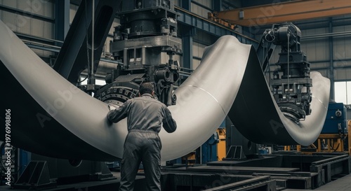 Skilled worker inspecting large curved metal components in heavy industry manufacturing plant