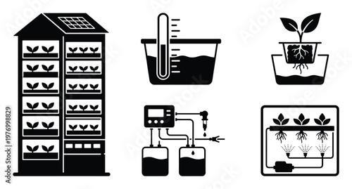 Vector icon set showcasing advanced indoor farming practices like vertical hydroponics nutrient solution management and automated irrigation for modern agricultural technology presentations