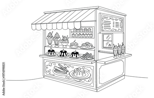Outline drawing of a charming dessert stand filled with delicious ice cream sundaes, cupcakes, cakes, churros, and milkshakes, perfect for a childrens coloring activity or sweetthemed