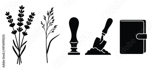 Simple silhouette icons of lavender, tall grass, a vintage wax seal stamp, a garden trowel digging soil, and a personal journal, useful for various graphic assets and natureinspired themes.