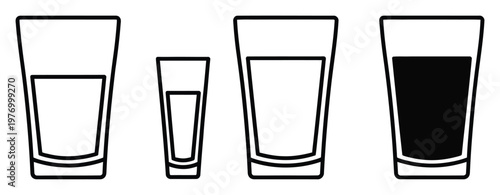 Clean linear vector icons displaying assorted drinking glasses, including a small shot glass, with varied liquid fill indicators and a full solid glass, ideal for menu graphics and digital