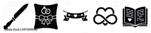 Elegant wedding and marriage themed black silhouettes featuring ceremonial knife, ring pillow, heart bunting, intertwined love symbol, and open vows book, ideal for event branding and