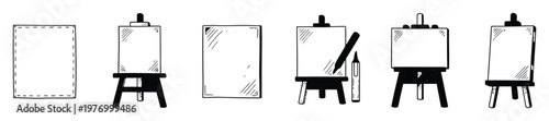 Collection of handdrawn art easels and blank canvases with drawing tools, perfect for creative educational materials, artistic projects, and craft inspiration