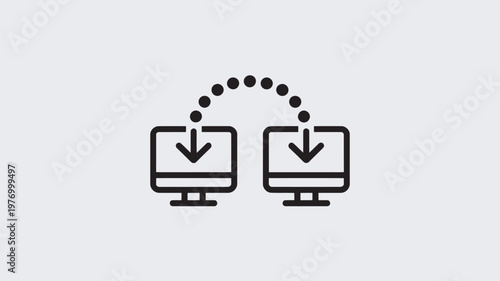 A simple black and white illustration of two computer monitors transferring data between each other.