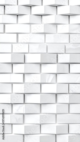 A repeating pattern of three-dimensional white bricks, alternating in depth, creating an abstract textural wall design
