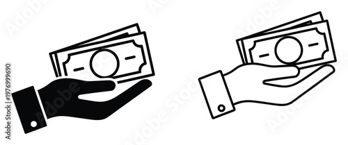 Depicting a human hand offering or receiving a stack of banknotes, this versatile icon symbolizes financial transactions, income, payment, or banking for various business and economic