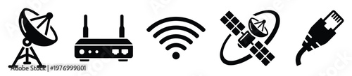Modern communication technology icons featuring satellite dishes, wireless router, WiFi signal, and ethernet cable connector ideal for illustrating network connectivity, data transfer, and