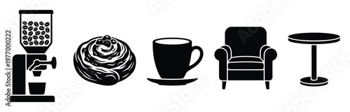 Essential cafe items including a coffee grinder with beans, a delicious sweet pastry, a hot coffee cup, a comfortable armchair, and a minimalist round table, useful for cafe branding and