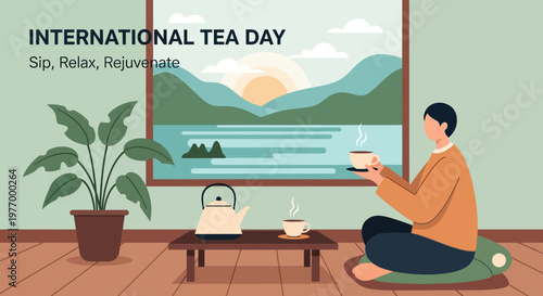 Man relaxing with tea on International Tea Day.