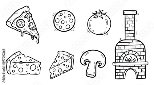 Pizza slice, cheese, tomato, mushroom, and a brick pizza oven set for culinary graphics, menu design, kitchen decor, or food blogging resources