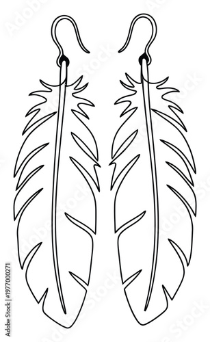 A sophisticated pair of dangle earrings showcasing stylized feather forms in a modern minimalist line art ideal for jewelry making and bohemian themed apparel.