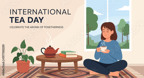 Woman enjoying tea on a cozy day.
