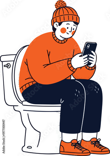 Man sitting on a toilet bowl using a smartphone