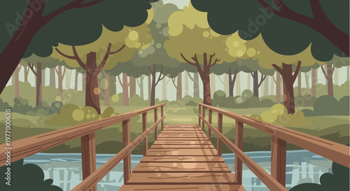 Wooden bridge over water leading into a lush green forest.