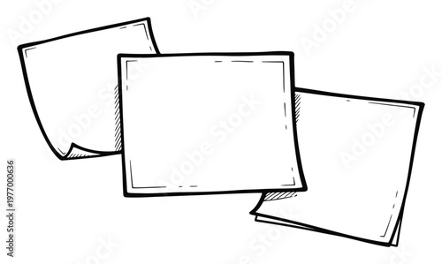 Hand drawn sketchy blank paper notes and frames arranged in a dynamic composition providing areas for messages reminders text overlays and creative communication.