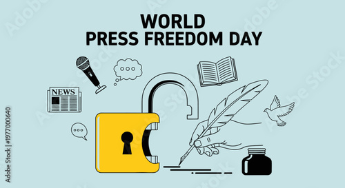 World Press Freedom Day illustration with padlock and quill.