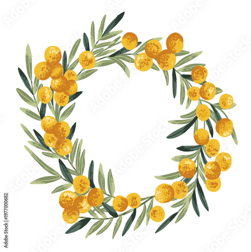 Circle frame with yellow mimosa flowers and hello spring text
