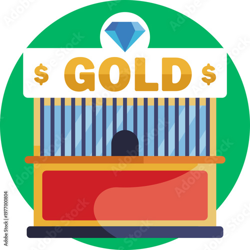 A small wooden stall with a gold nugget sign, representing a place where mined gold can be traded or spent.