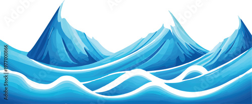 Abstract watercolor illustration of dynamic blue ocean waves crashing against icy mountain peaks in a panoramic landscape