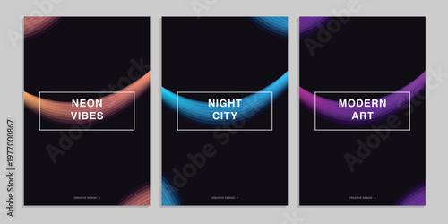 Abstract neon light curve poster set. Featuring orange blue and purple glowing waves on black background. Vertical digital covers.