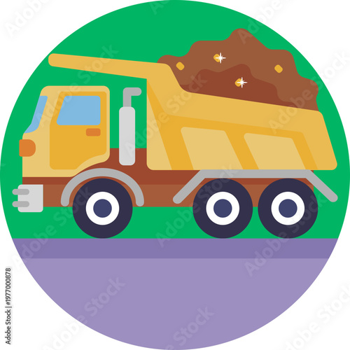A heavy-duty dump truck with an open bed, shown unloading gold or ore, symbolizing transport and delivery within the mine.
