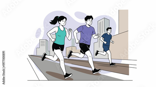Healthy Lifestyle Concept: People Running and Jogging Outdoors in the City, Promoting Fitness and Wellbeing Vector Art