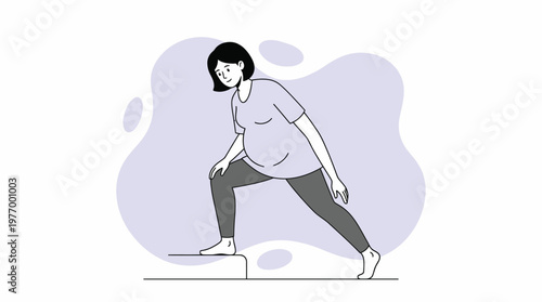 Smiling Pregnant Woman Engaged in Prenatal Exercise, Doing a Step-Up Lunge Illustration, Promoting Active and Healthy Pregnancy Lifestyle