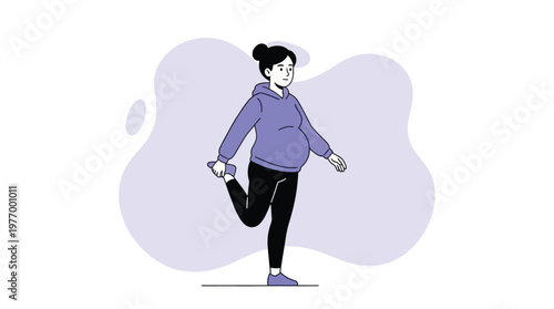Healthy Pregnant Woman Stretching Leg During Prenatal Exercise. Flat Vector Illustration for Wellness and Maternity.