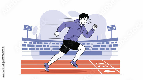 Determined Male Athlete Sprinting on an Athletic Track in a Stadium, Expressing Effort and Dedication in Sports Training Illustration
