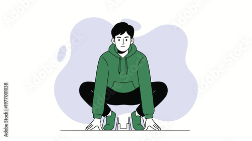 Young Man in Green Hoodie Ready at Starting Blocks for a Race, Depicting Readiness and Determination in a Minimalist Illustration Style