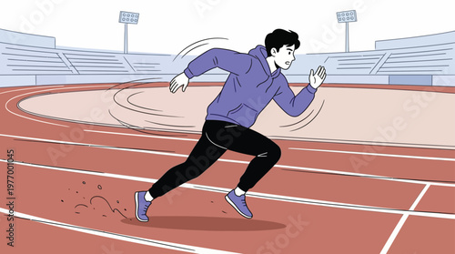 Dynamic Illustration of a Focused Young Man Sprinting on an Athletics Track in a Stadium