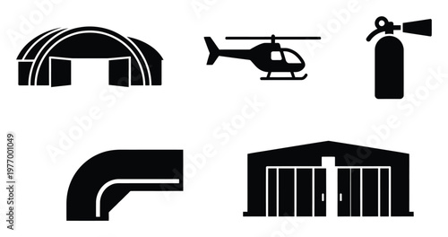 Versatile set of solid black silhouette icons depicting industrial buildings, a helicopter, and a fire extinguisher, ideal for safety, logistics, and infrastructure related graphical