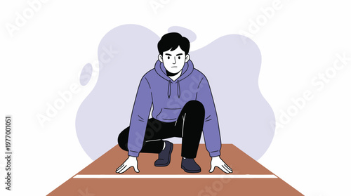 Determined Young Man in Starting Block Pose on Track, Ready for Sprint or New Challenge, Modern Flat Illustration
